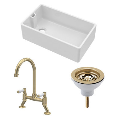 Traditional Fireclay Kitchen Bundle: 1 Bowl Belfast Sink With Strainer Waste & Bridge Lever Tap, 795Mm - Brushed Brass 5056678440438 - Image 2