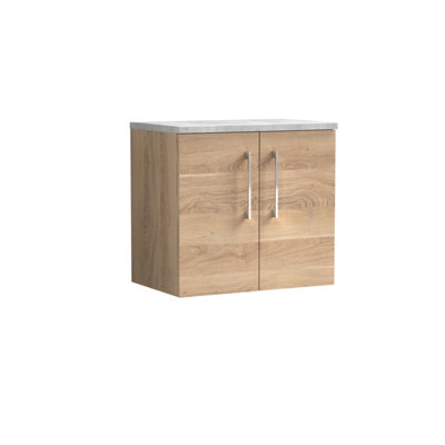 Nuie Arno Wall Hung 2-Door Vanity & Bellato Grey Laminate WorktopStylish Counter Top Vanity Unit In Bleached Oak600mm from B&Q