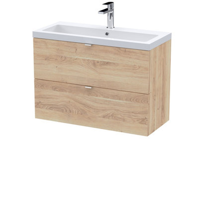 B&Q -  Fusion Wall Hung 2-Drawer Vanity Unit & Polymarble BasinVanity Unit With BasinBleached Oak800mm
