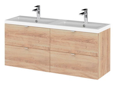 Hudson Reed Fusion Wall Hung 4-Drawer Vanity & Double Polymarble Basin, Vanity Unit With Basin, Bleached Oak, 1200Mm Size 4