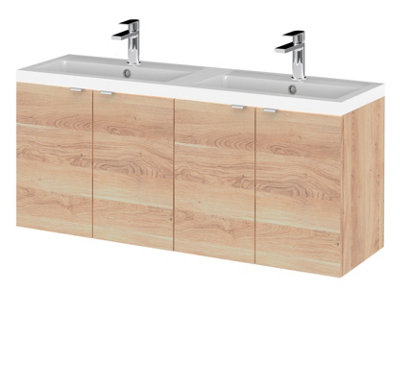 Hudson Reed Fusion Wall Hung 4-Door Vanity & Double Polymarble Basin, Vanity Unit With Basin, Bleached Oak, 1200Mm Size 4
