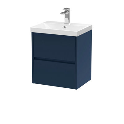 B&Q -  Havana Wall Hung 2-Drawer Unit & Thin-Edge Ceramic BasinModern Sink Vanity Unit In Midnight Blue With White Basin