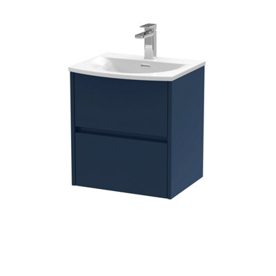Nuie Havana Wall Hung 2-Drawer Unit & Curved Ceramic Basin, Modern Sink Vanity Unit In Midnight With Basin Blue/White