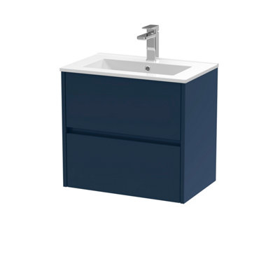 B&Q -  Havana Wall Hung 2-Drawer Unit & Minimalist Ceramic BasinModern Sink Vanity Unit In Midnight Blue With White Basin