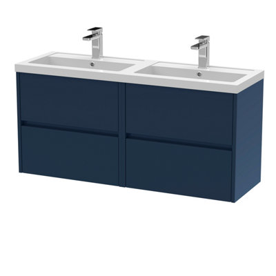 B&Q -  Havana Wall Hung 4-Drawer Unit & Double Polymarble BasinModern Sink Vanity Unit In Midnight Blue With White Basin