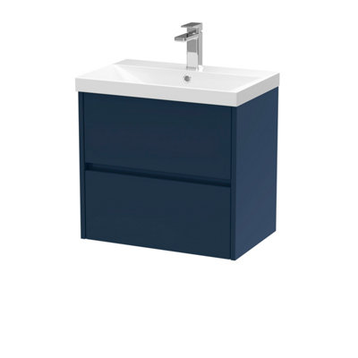 B&Q -  Havana Wall Hung 2-Drawer Unit & Thin-Edge Ceramic BasinModern Sink Vanity Unit In Midnight Blue With White Basin