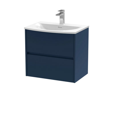 Nuie Havana Wall Hung 2-Drawer Unit & Curved Ceramic Basin, Modern Sink Vanity Unit In Midnight With Basin Blue/White