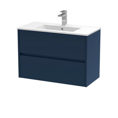 B&Q -  Havana Wall Hung 2-Drawer Unit & Minimalist Ceramic BasinModern Sink Vanity Unit In Midnight Blue With White Basin
