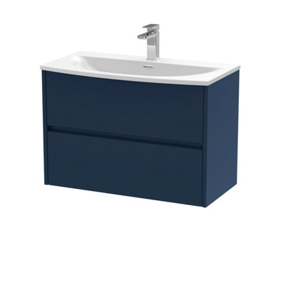 B&Q -  Havana Wall Hung 2-Drawer Unit & Curved Ceramic BasinModern Sink Vanity Unit In Midnight Blue With White Basin