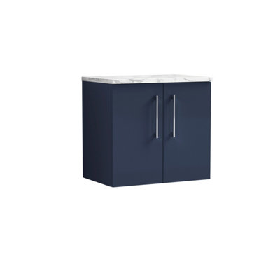 Nuie Arno Wall Hung 2-Door Vanity & Carrera Marble Laminate WorktopStylish Counter Top Vanity Unit In Midnight Blue600mm from B&Q