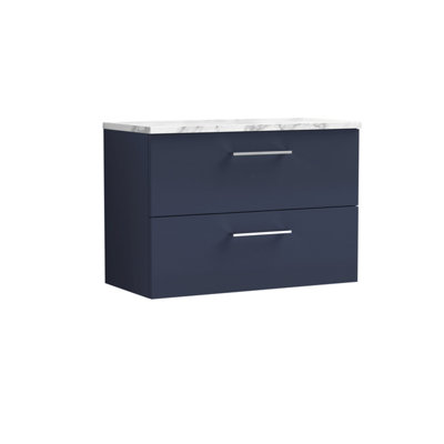 Nuie Arno Wall Hung 2-Drawer Vanity & Carrera Marble Laminate WorktopStylish Counter Top Vanity Unit In Midnight Blue800mm from B&Q