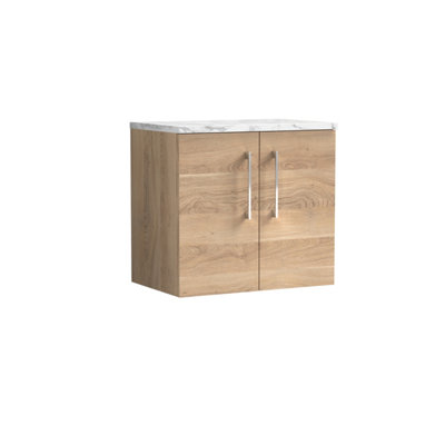 Nuie Arno Wall Hung 2-Door Vanity & Carrera Marble Laminate WorktopStylish Counter Top Vanity Unit In Bleached Oak600mm from B&Q