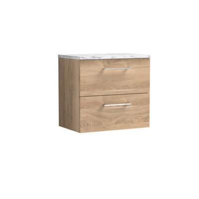 Nuie Arno Wall Hung 2-Drawer Vanity & Carrera Marble Laminate WorktopStylish Counter Top Vanity Unit In Bleached Oak600mm from B&Q