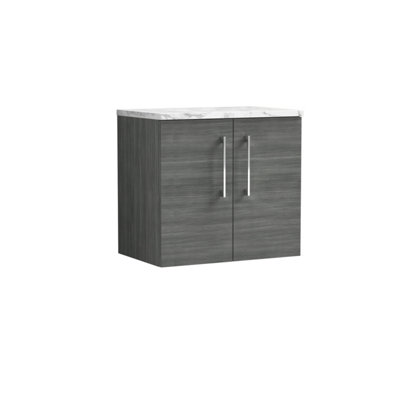 Nuie Arno Wall Hung 2-Door Vanity Unit With Laminate Worktop In Woodgrain Anthracite