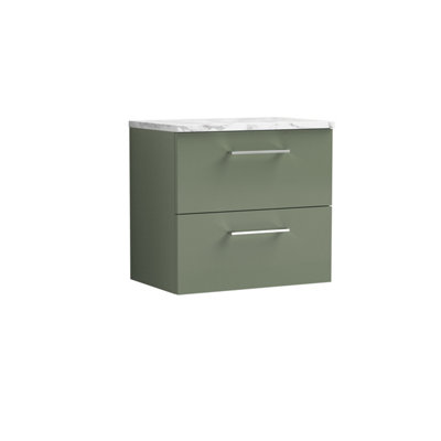 Nuie Arno Wall Hung 2-Drawer Vanity Unit With Laminate Worktop In Satin Premium Counter Top Vanity Unit In Satin Green