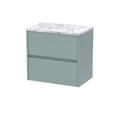 Nuie Havana Wall Hung 2-Drawer Vanity Unit & Worktop In Carrera MarbleCountertop Basin Unit In Coastal Grey600mm