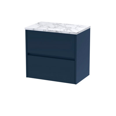 Nuie Havana Wall Hung 2-Drawer Vanity Unit & Worktop In Carrera MarbleCountertop Basin Unit In Midnight Blue600mm