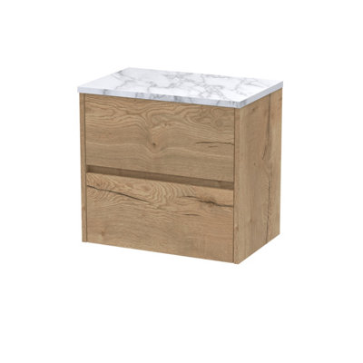 Nuie Havana Wall Hung 2-Drawer Vanity Unit & Worktop In Carrera MarbleCountertop Basin Unit In Autumn Oak600mm