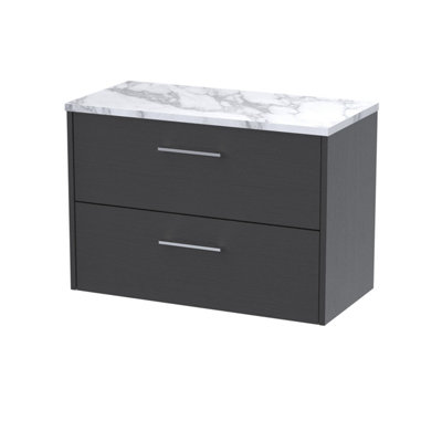 B&Q -  Juno Wall Hung 2 Soft Close Drawer Vanity Unit With Laminate Worktop And Handles In Graphite Grey Woodgrain800mm