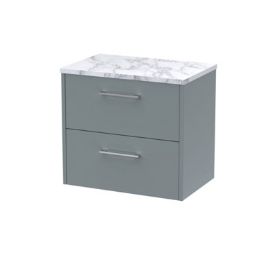 B&Q -  Juno Wall Hung 2 Soft Close Drawer Vanity Unit With Laminate Worktop In Coastal Grey Finish605mm