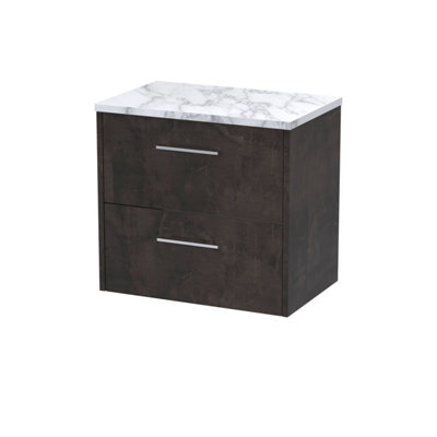 Hudson Reed Juno Wall Hung 2 Drawer Vanity & Carrera Marble WorktopMetallic Slate Woodgrain605 X 390 mm from B&Q