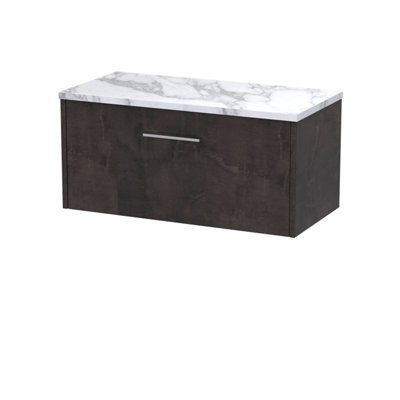 Hudson Reed Juno Wall Hung 1 Drawer Vanity & Carrera Marble WorktopMetallic Slate Woodgrain805 X 390 mm from B&Q