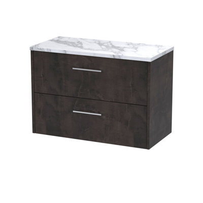 Hudson Reed Juno Wall Hung 2 Drawer Vanity & Carrera Marble WorktopMetallic Slate Woodgrain805 X 390 mm from B&Q