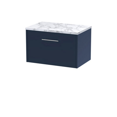 Hudson Reed Juno Wall Hung 1 Drawer Vanity & Carrera Marble WorktopMidnight Blue Finish605 X 390 mm from B&Q