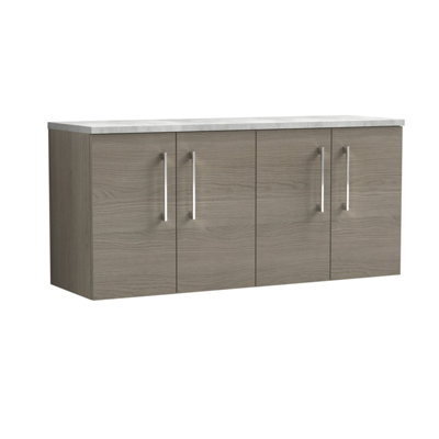 Nuie Arno Wall Hung 4-Door Vanity Unit & Laminate Worktop In Bellato GreyModern Counter Top Vanity Unit In Solace Oak from B&Q