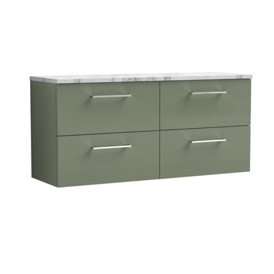 Nuie Arno Wall Hung 4-Drawer Vanity Unit With Laminate Worktop In Carrera MarblePremium Counter Top Vanity Unit In Satin Green from B&Q