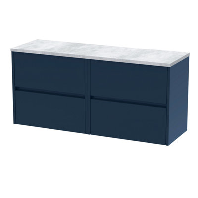 Nuie Havana Wall Hung 4-Drawer Vanity Unit & Worktop In Carrera MarbleCountertop Basin Unit In Midnight Blue1200mm