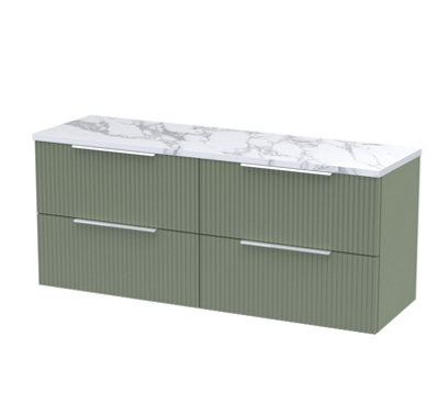 Hudson Reed Fluted Wall Hung 4-Drawer Vanity & Carrera Marble Laminate WorktopCounter Top Vanity Unit In Satin Green1200mm from B&Q