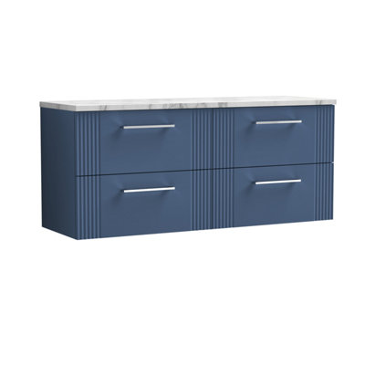 B&Q -  Deco Wall Hung 4-Drawer Vanity Unit & Carrera Marble Laminate WorktopCounter Top Vanity Unit In Satin Blue1200mm