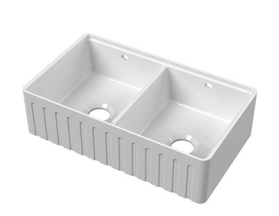 B&Q - Fireclay Double Bowl Fluted Front Kitchen Sink With Thin EdgeFlush Weir And Overflows795mmBalterley