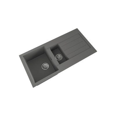B&Q -  100Cm Kitchen 1.5 Bowl Composite Inset Sink With Overflow & Reversible DrainerMatt Grey Finish