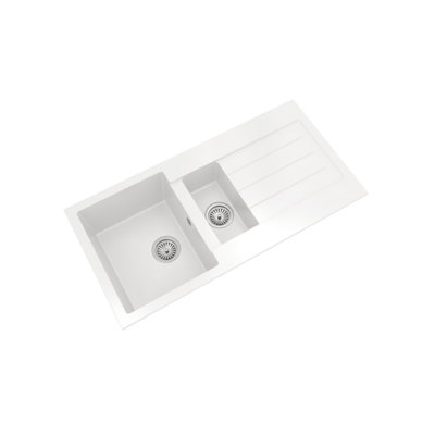 B&Q -  100Cm Kitchen 1.5 Bowl Composite Inset Sink With Overflow & Reversible DrainerMatt White Finish