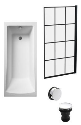 B&Q -  Square Single Ended 1700X700 With Leg Set & Black Square Framed Screen & Chrome Waste