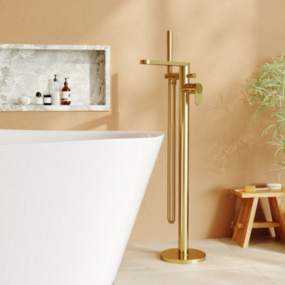 B&Q -  Aurelio Freestanding Bath Shower Mixer With Kit Brushed Brass Contemporary 1 Hole