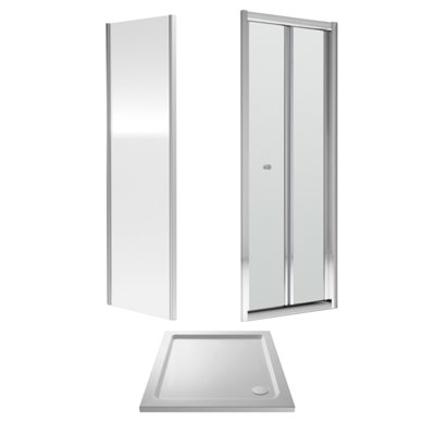 Balterley 6Mm Toughened Safety Glass Bi-Fold Shower Door, Side Panel And Shower Tray - 700 X 700 X 1900Mm - Chrome Frame - Tray White