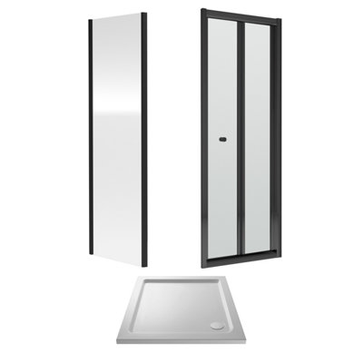 Balterley Black/White 6Mm Toughened Safety Glass Bi-Fold Shower Door, Side Panel And Shower Tray - 700 X 700 X 1900Mm - Matt Frame - Tray