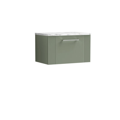 Balterley Belvide Partial Fluted 1 Drawer Wall Hung Vanity Unit With Carrera Marble Laminate Worktop600mmSatin Green from B&Q