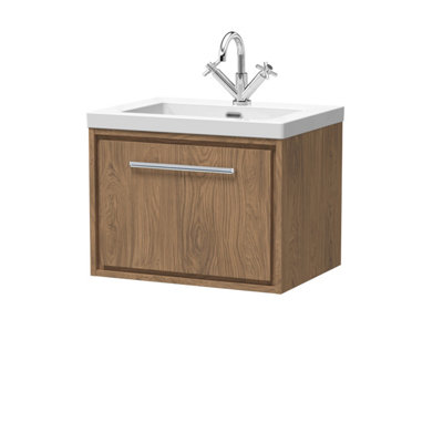 Hudson Reed Lille Wall Hung 1 Drawer Vanity Unit With 1 Tap Hole BasinAntique Oak Woodgrain476 X 613 mm from B&Q