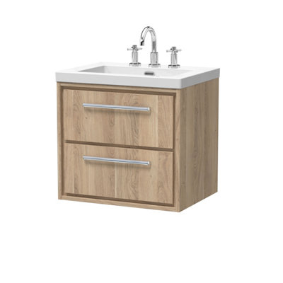 Hudson Reed Lille Wall Hung Two Drawer Contemporary Vanity Unit With 3 Tap Hole Basin In Bleached Oak613 X 462mm from B&Q