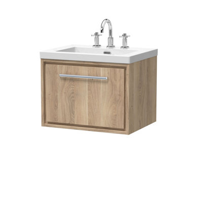 Hudson Reed Lille Wall Hung Single Drawer Contemporary Vanity Unit With 3 Tap Hole Basin In Bleached Oak613 X 462mm from B&Q