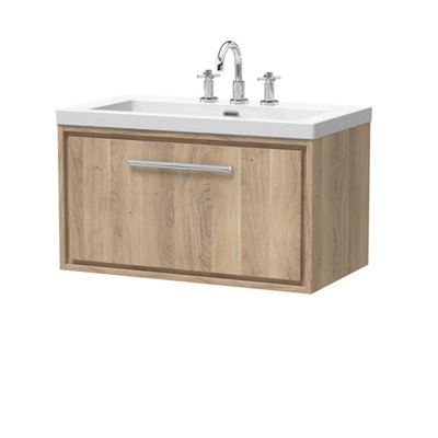Hudson Reed Lille Wall Hung Single Drawer Contemporary Vanity Unit With 3 Tap Hole Basin In Bleached Oak813 X 462mm from B&Q