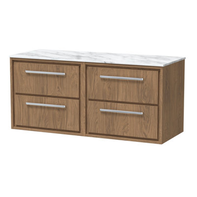 Hudson Reed Lille Wall Hung Four Drawer Contemporary Vanity Unit With Marble Worktop In Antique Oak1210 X 460mm from B&Q