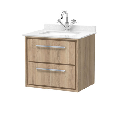 Hudson Reed Lille Wall Hung Two Drawer Contemporary Vanity Unit With Marble Top & Basin In Bleached Oak620 X 470mm from B&Q