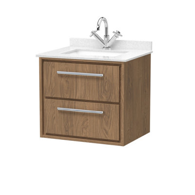 B&Q -  Lille Wall Hung Two Drawer Contemporary Vanity Unit With Marble Top & Basin In Antique Oak620 X 470mm