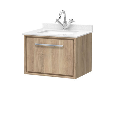 Hudson Reed Lille Wall Hung Single Drawer Contemporary Vanity Unit With Marble Top & Basin In Bleached Oak620 X 470mm from B&Q