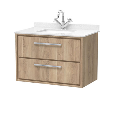 Hudson Reed Lille Wall Hung Two Drawer Contemporary Vanity Unit With Marble Top & Basin In Bleached Oak820 X 470mm from B&Q